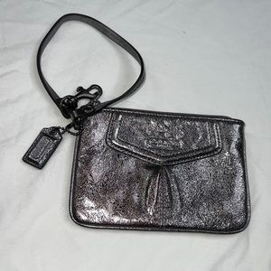 COACH Wristlet  Silver Coated Wallet With Charm Purple Lining Zipper Closer A05